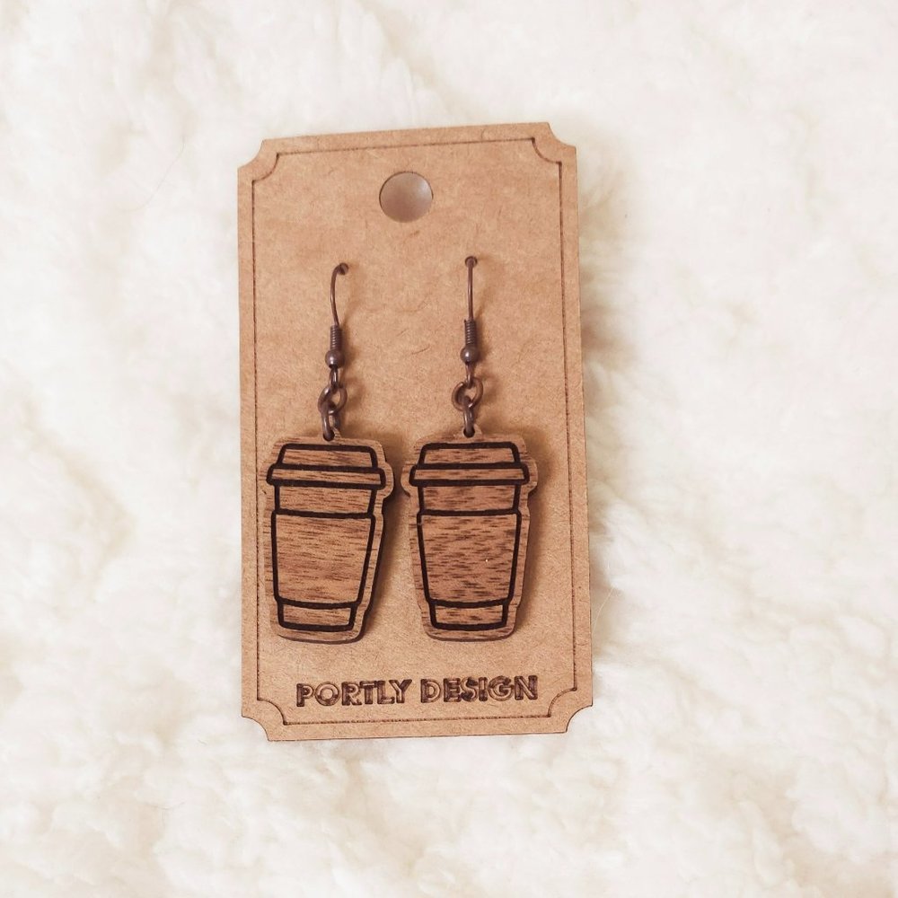 5/$25 Hot Coffee Earrings Dangle Wooden